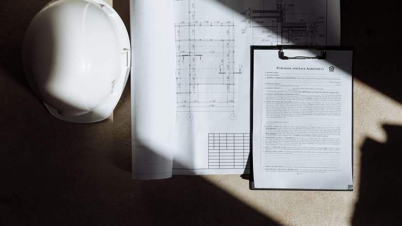 Documents de chantier et casque de sécurité sur un bureau, dossier de réponse à un appel d'offre BTP