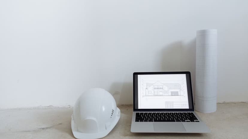 Ordinateur portable, casque et plans sur un poste de travail, usage d'un logiciel d'appel d'offre BTP